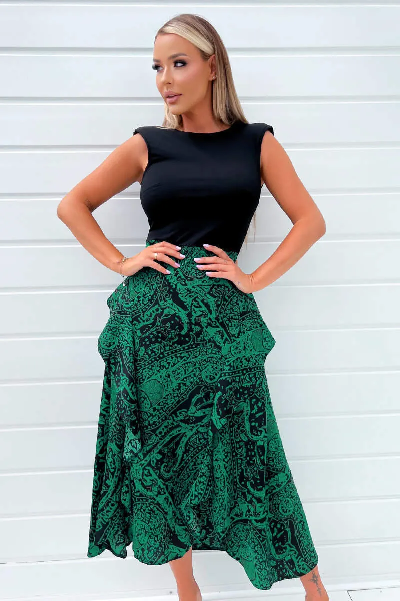 Green And Black Printed 2 In 1 Padded Shoulder Midi Dress sold by AX Paris product image thumbnail 3