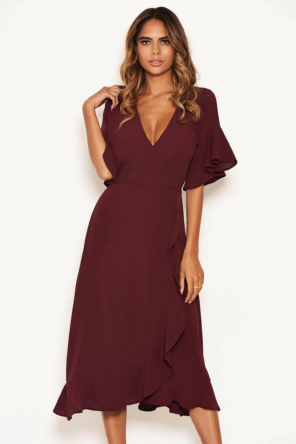 Plum Midi Dress With Frill Hem And Sleeves sold by AX Paris product image thumbnail 5