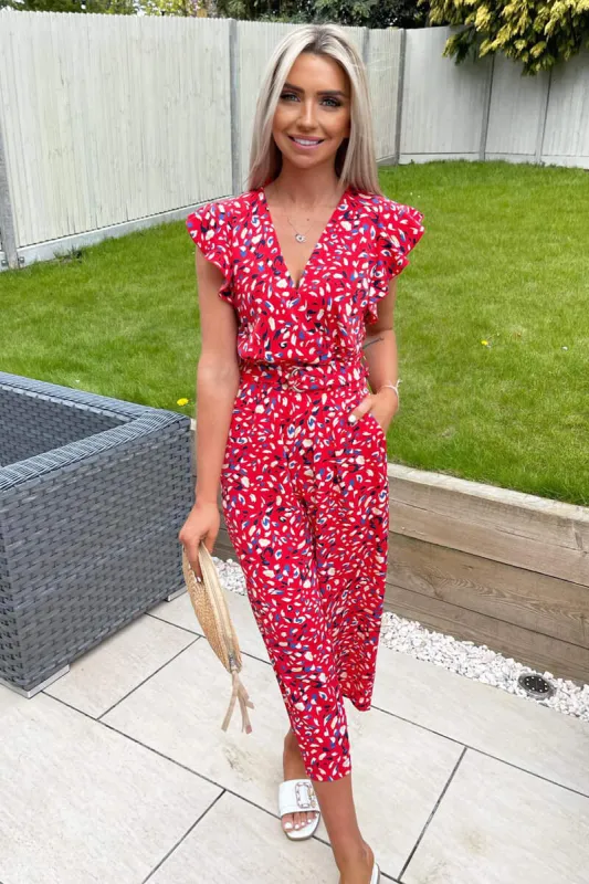 Red Printed Frill Sleeve Wrap Jumpsuit sold by AX Paris