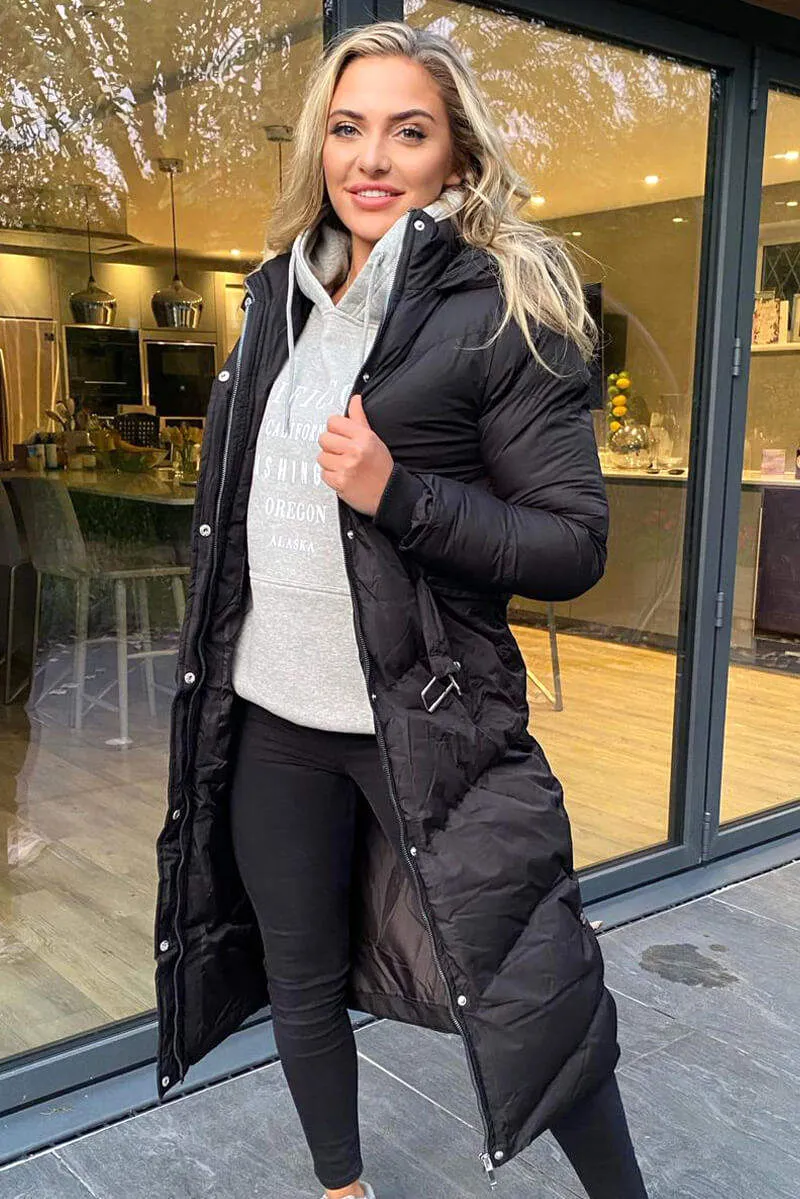 Black Belted Long Puffer Coat sold by AX Paris