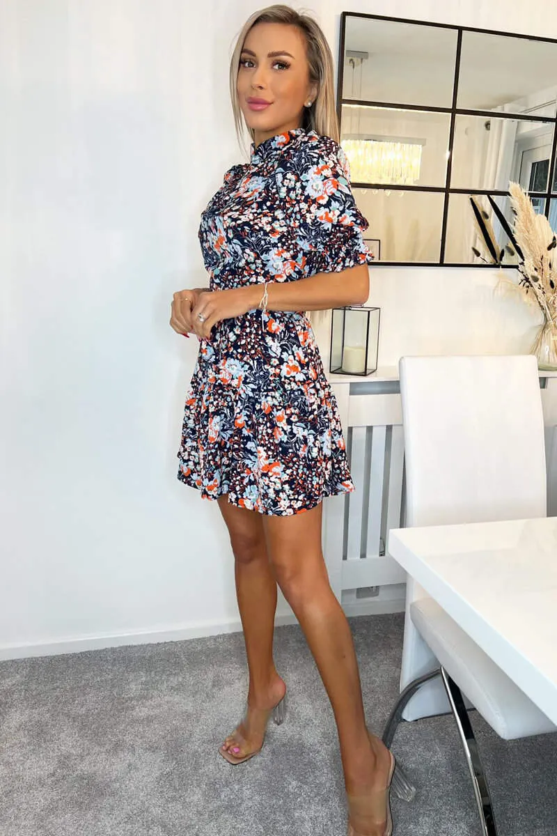 Navy Floral High Neck Button Front Mini Dress sold by AX Paris product image thumbnail 3