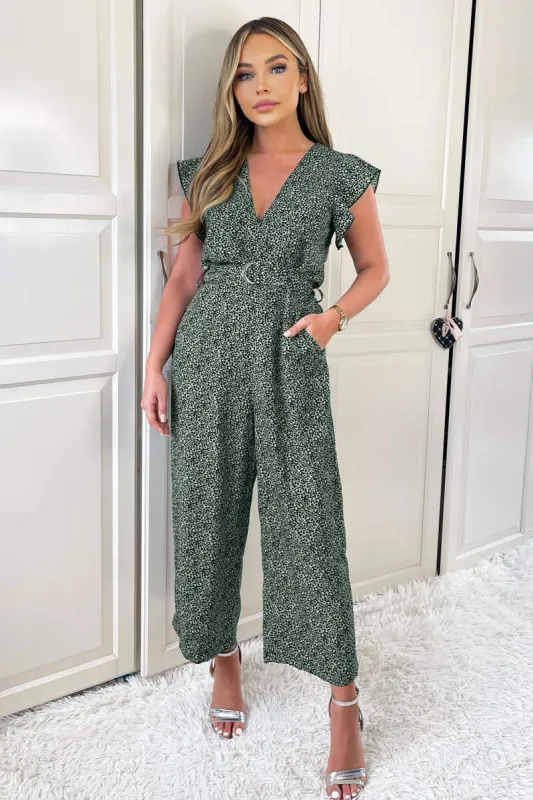 Sage And Black Printed Wrap Front Belted Jumpsuit sold by AX Paris