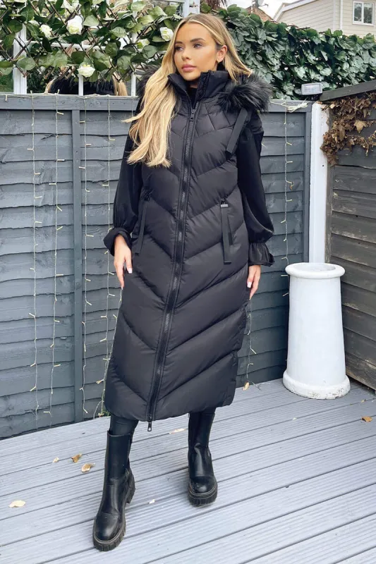 Black Longline Faux Fur Hooded Gilet sold by AX Paris