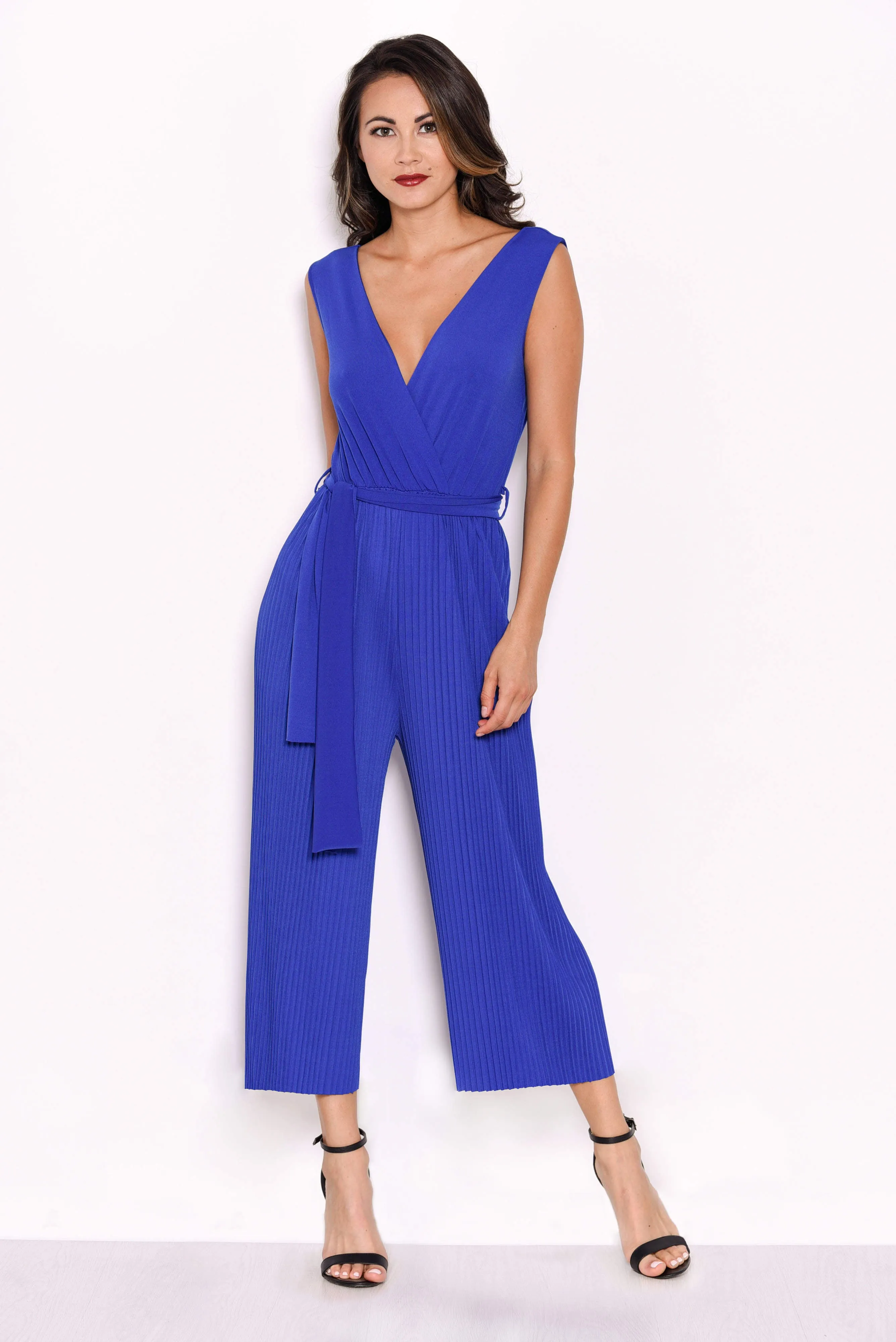 Blue Culotte Pleated Tie Waist Jumpsuit sold by AX Paris
