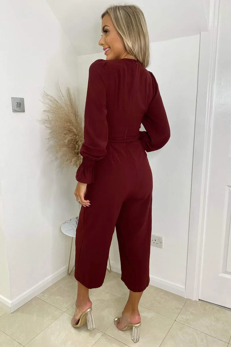 Wine Wrap Over Elasticated Cuff Belted Jumpsuit sold by AX Paris product image thumbnail 4