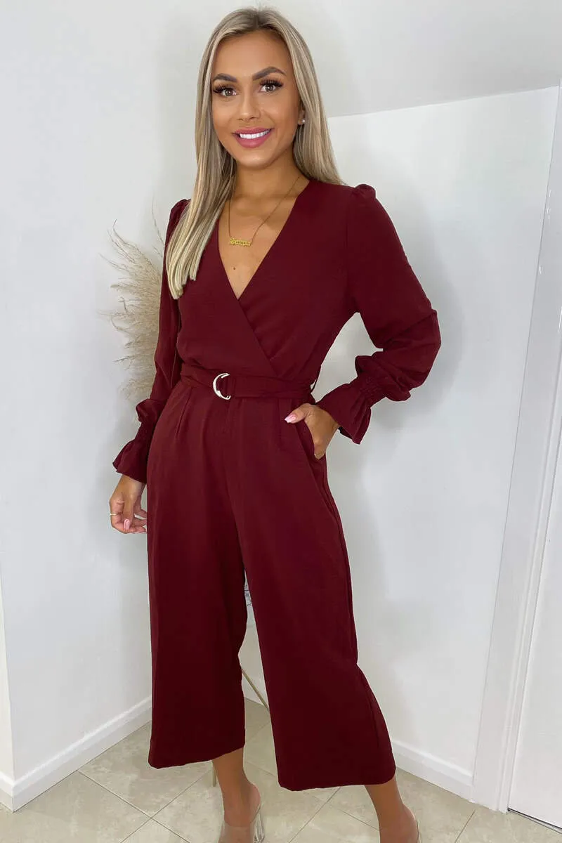 Wine Wrap Over Elasticated Cuff Belted Jumpsuit sold by AX Paris