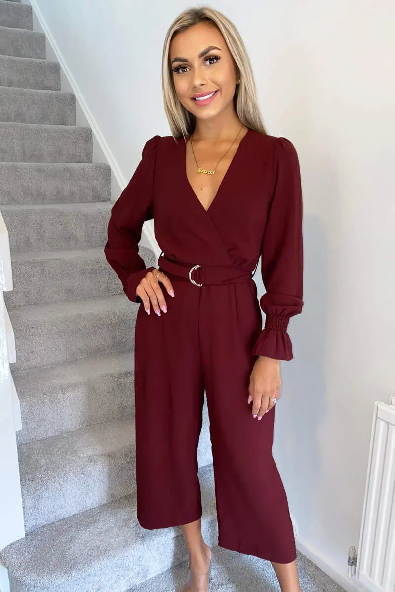 Wine Wrap Over Elasticated Cuff Belted Jumpsuit sold by AX Paris product image thumbnail 2