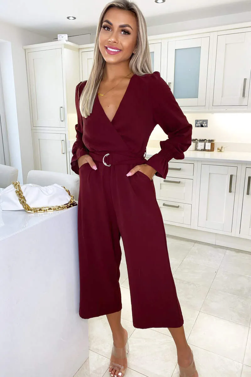 Wine Wrap Over Elasticated Cuff Belted Jumpsuit sold by AX Paris product image thumbnail 3