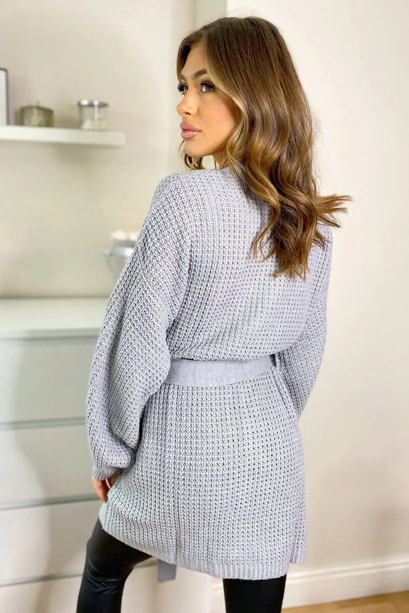 Grey Chunky Knit Balloon Sleeve Cardigan sold by AX Paris product image thumbnail 4