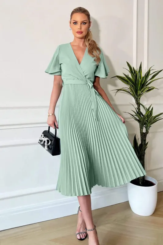 Duck Egg Pleated Midi Dress with Tie Waist sold by AX Paris
