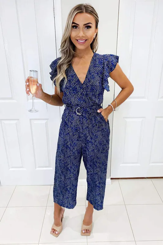 Blue Printed V-Neck Frill Jumpsuit sold by AX Paris