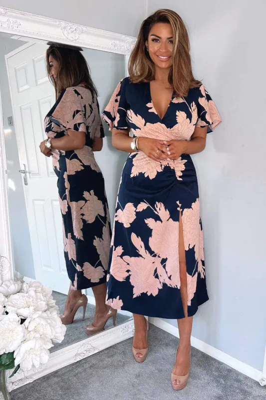 Navy And Blush Floral Print Bell Sleeve Midi Dress sold by AX Paris