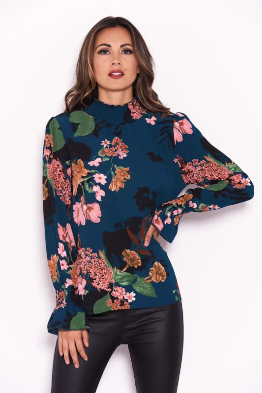 Teal Floral Ruched Sleeve And Collar Blouse sold by AX Paris