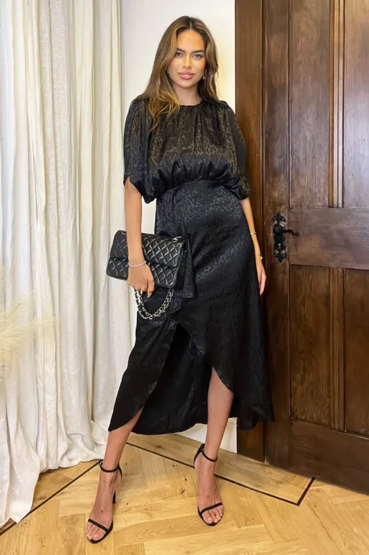 Black Animal Print Batwing Gathered Top Midi Dress sold by AX Paris
