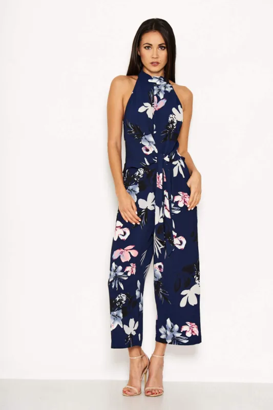 Navy Floral High Neck Print Jumpsuit With Tie Front sold by AX Paris