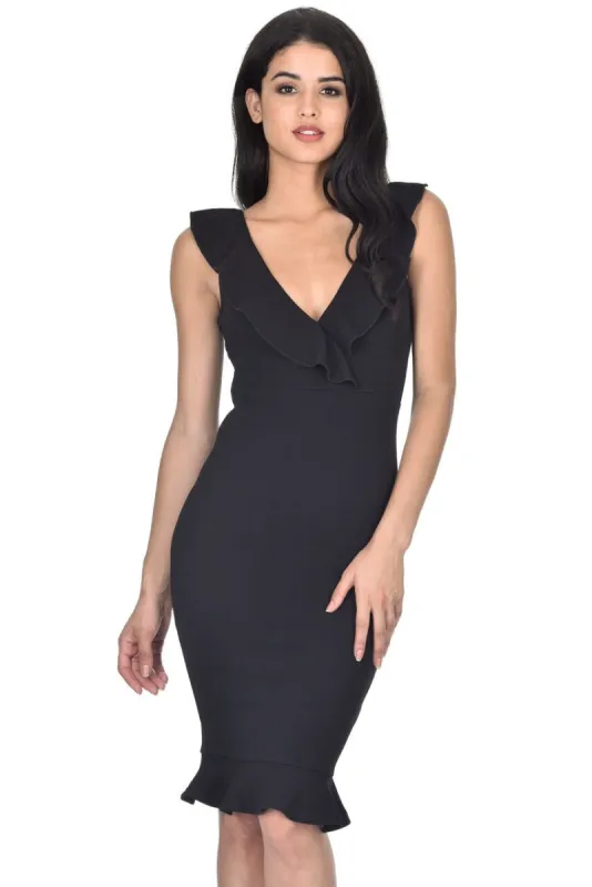 Black V Neck Frill Detail Bodycon Dress sold by AX Paris