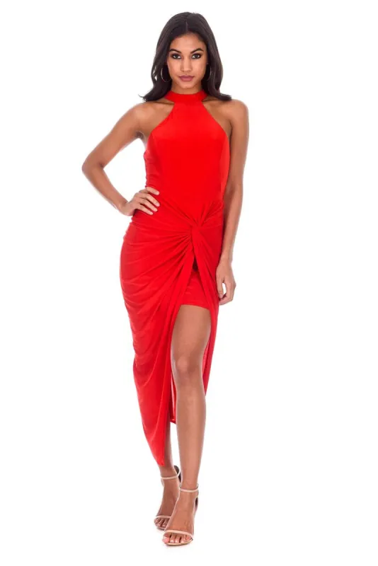 Red Ruched Wrap Over Dress sold by AX Paris