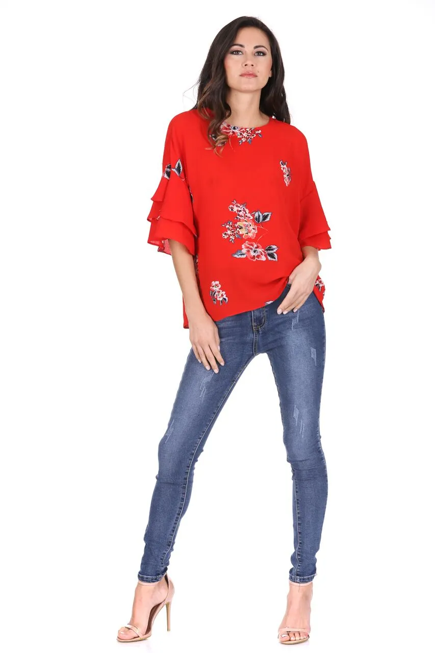 Red Floral Flare Sleeved Top sold by AX Paris product image thumbnail 2