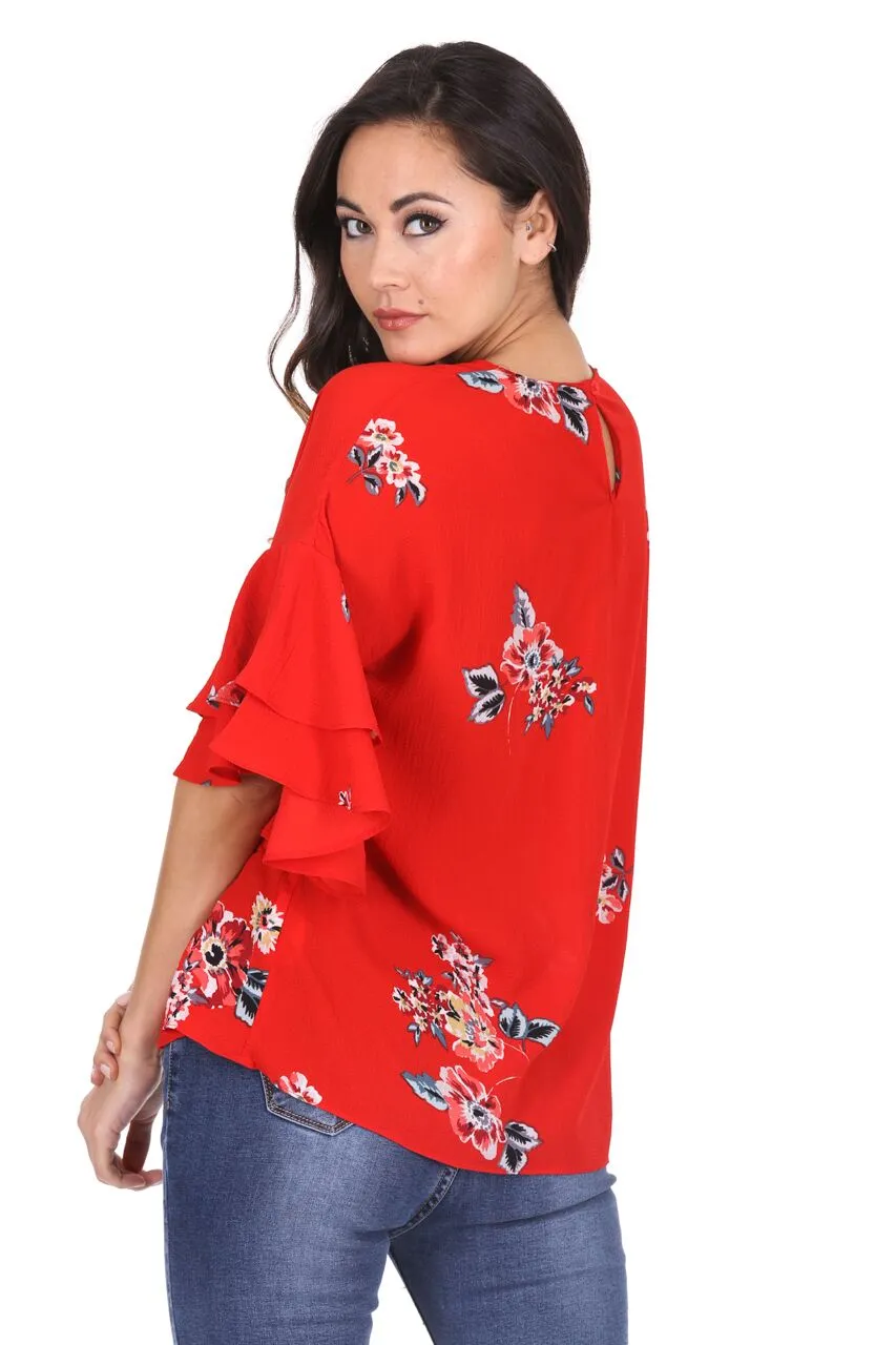 Red Floral Flare Sleeved Top sold by AX Paris product image thumbnail 3