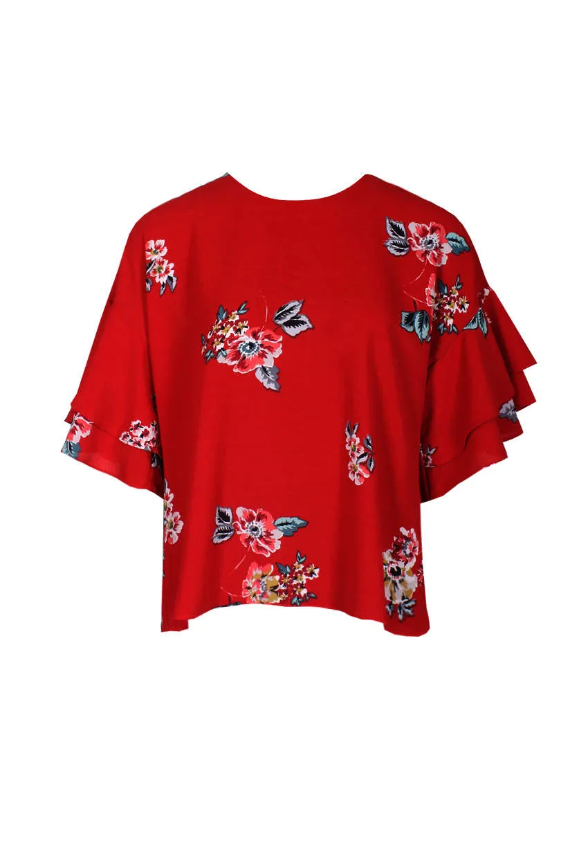 Red Floral Flare Sleeved Top sold by AX Paris product image thumbnail 4