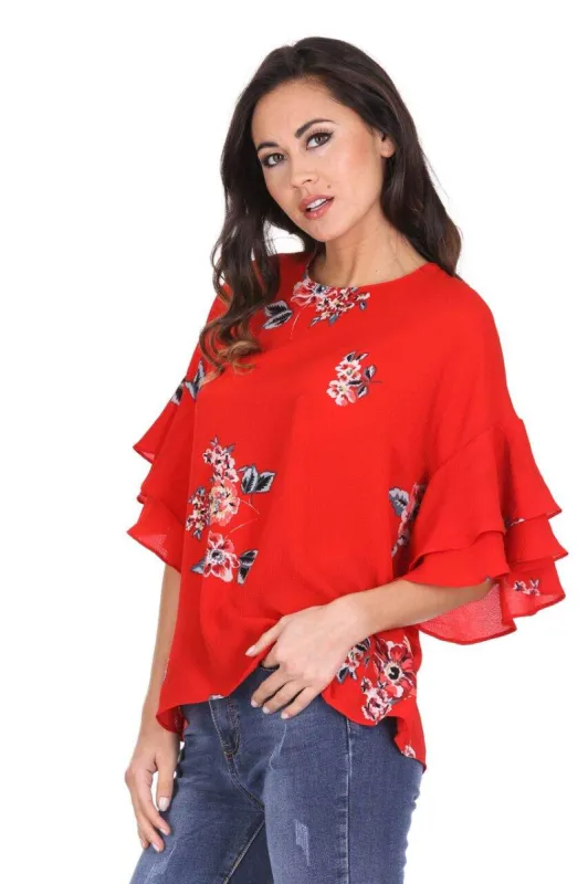 Red Floral Flare Sleeved Top sold by AX Paris