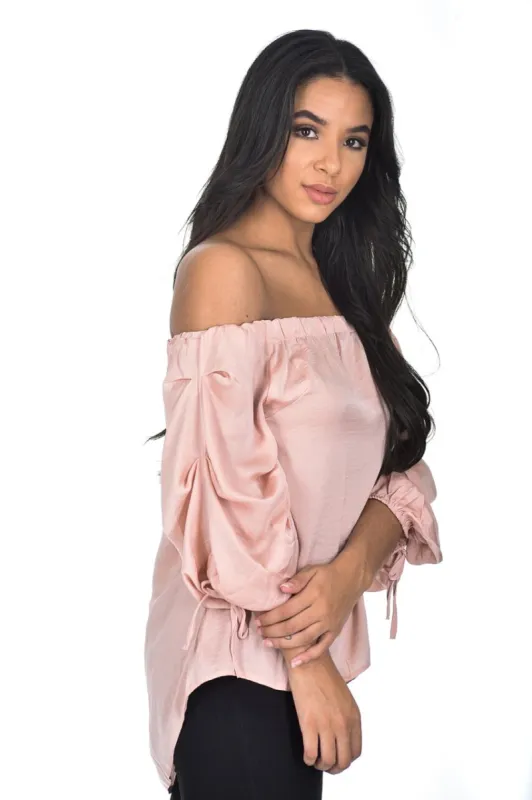 Nude Bardot Top With Ruched Sleeves sold by AX Paris