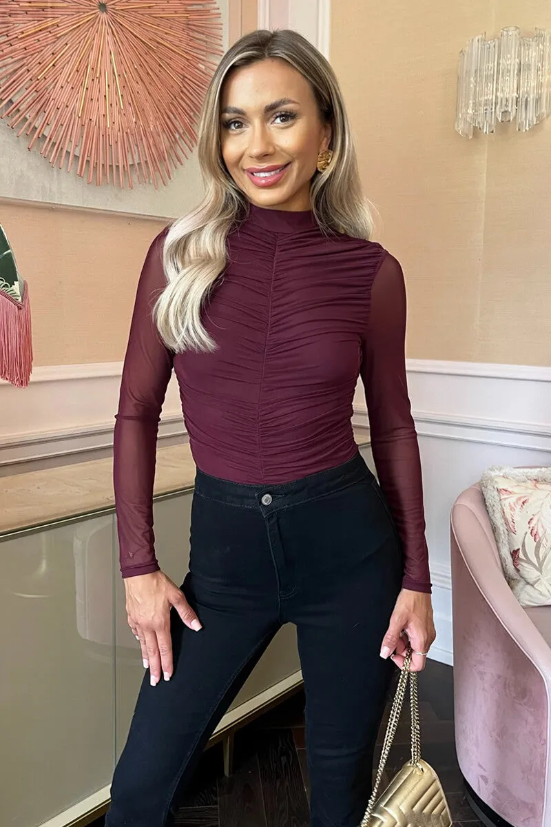 Plum High Neck Long Sleeve Ruched Mesh Bodysuit sold by AX Paris
