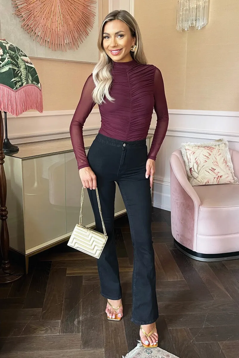 Plum High Neck Long Sleeve Ruched Mesh Bodysuit sold by AX Paris product image thumbnail 2