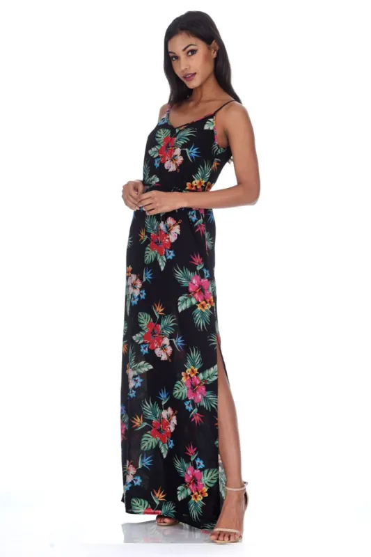 Black Floral Spaghetti Strap Maxi Dress sold by AX Paris