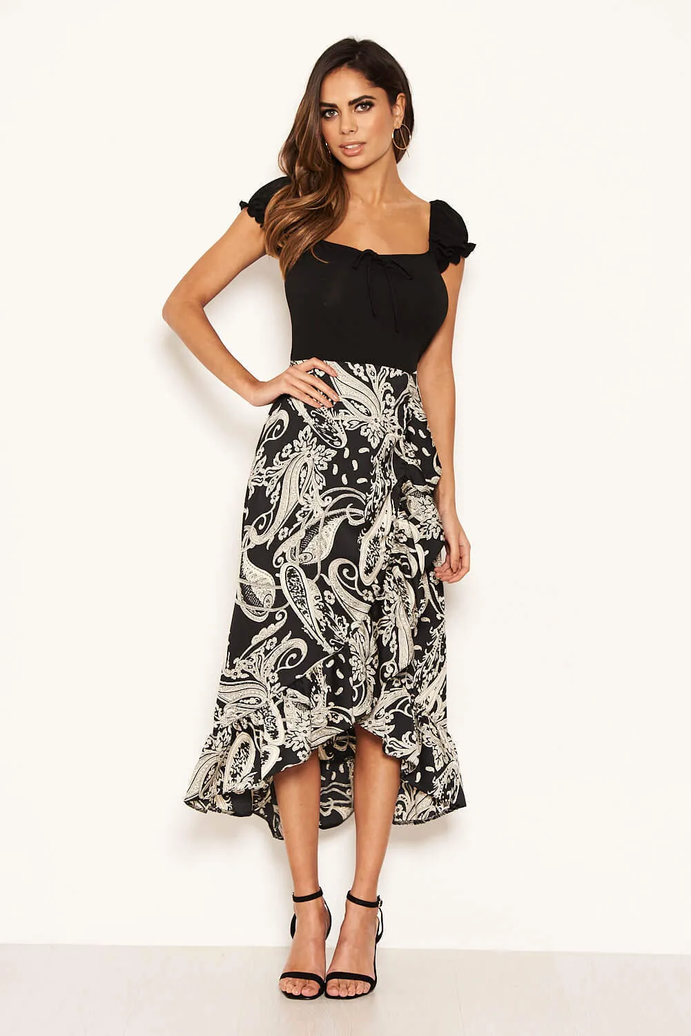 Black Printed Layered Frill Ruched Sleeve Dress sold by AX Paris product image thumbnail 3