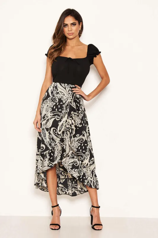 Black Printed Layered Frill Ruched Sleeve Dress sold by AX Paris