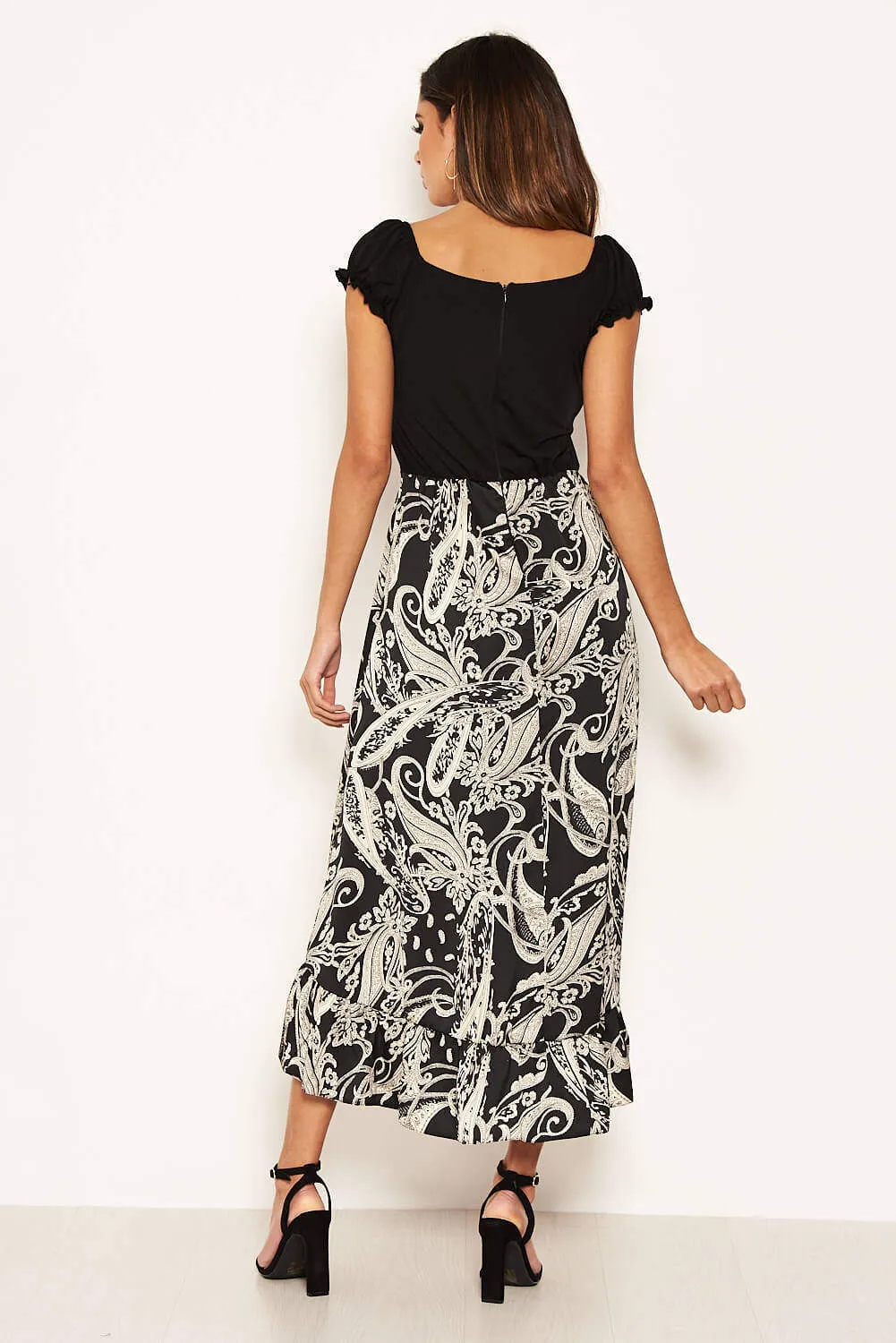 Black Printed Layered Frill Ruched Sleeve Dress sold by AX Paris product image thumbnail 5