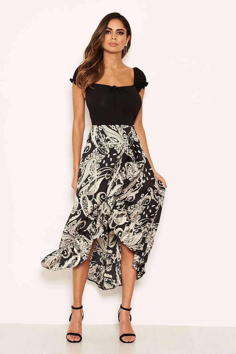 Black Printed Layered Frill Ruched Sleeve Dress sold by AX Paris product image thumbnail 2