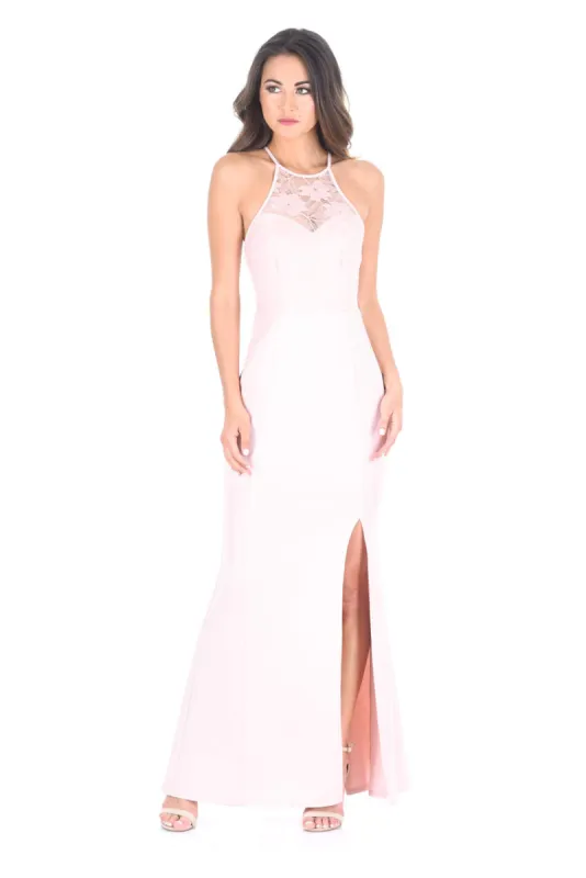 Blush Lace Top Maxi Dress With Thigh High Split sold by AX Paris