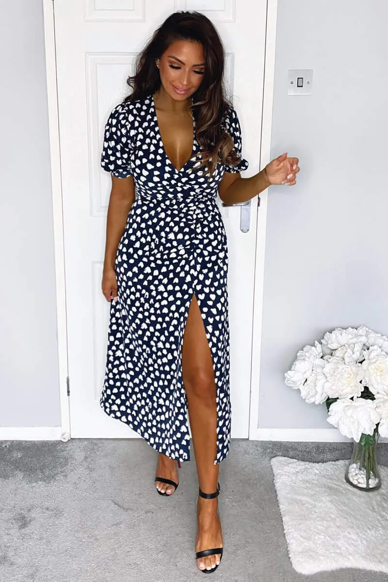 Navy Heart Print Short Sleeve Midi Dress sold by AX Paris product image thumbnail 3