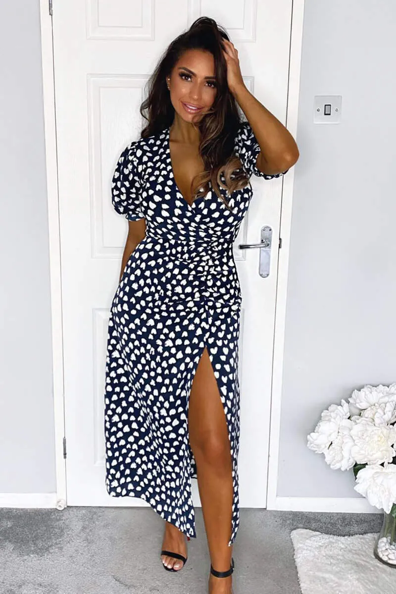 Navy Heart Print Short Sleeve Midi Dress sold by AX Paris