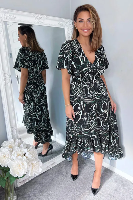 Black And Green Marble Print Dip Hem Midi Dress sold by AX Paris