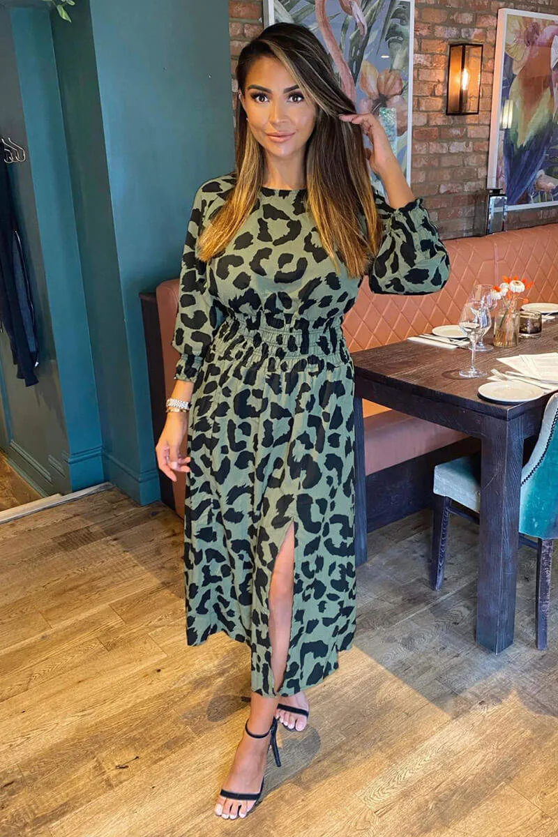 Khaki Printed Elasticated Waist Midi Dress sold by AX Paris