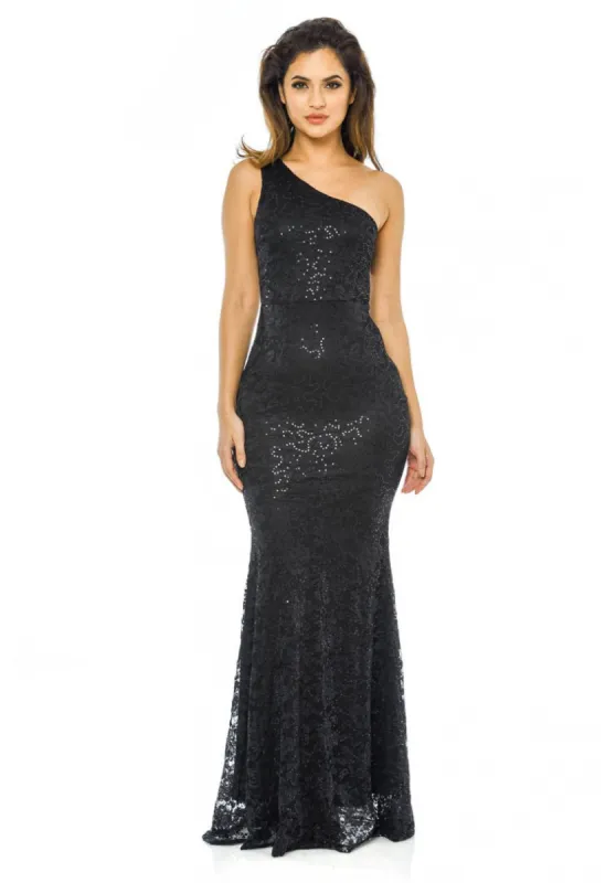 Black Sequin One Shoulder Maxi Dress sold by AX Paris