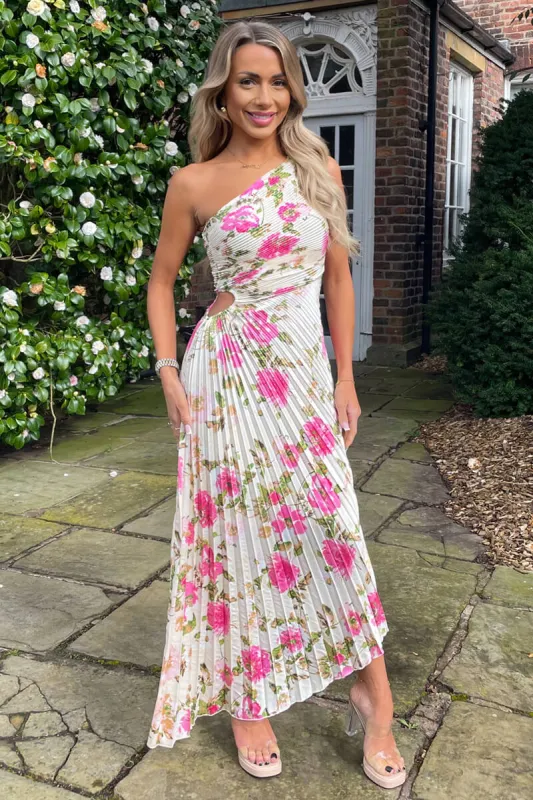Cream and Pink Floral Print One Shoulder Pleated Satin Midi Dress sold by AX Paris