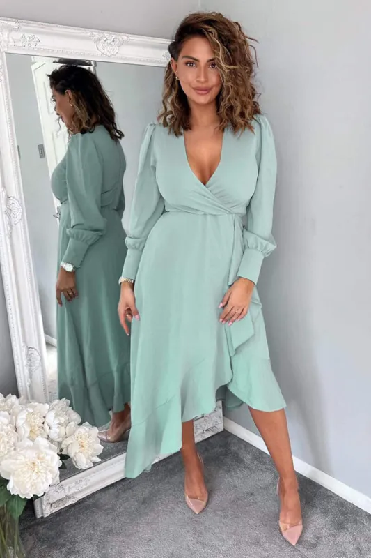 Duck Egg Long Sleeve Frill Wrap Midi Dress sold by AX Paris