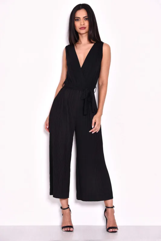 Black Culotte Pleated Tie-Waist Jumpsuit sold by AX Paris