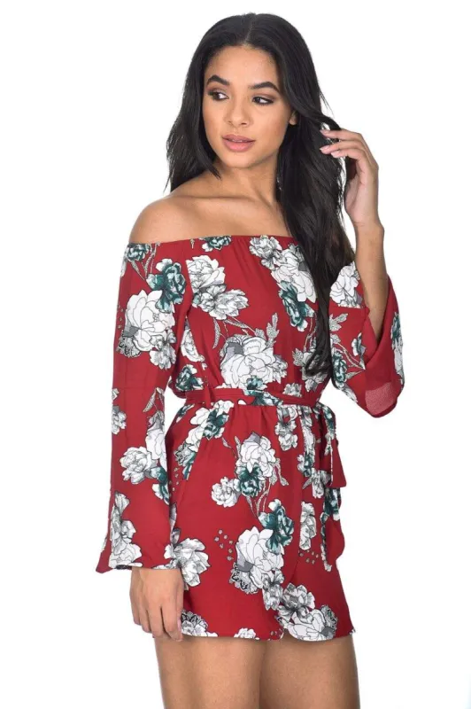 Red Floral Bardot Flared Sleeve Playsuit sold by AX Paris