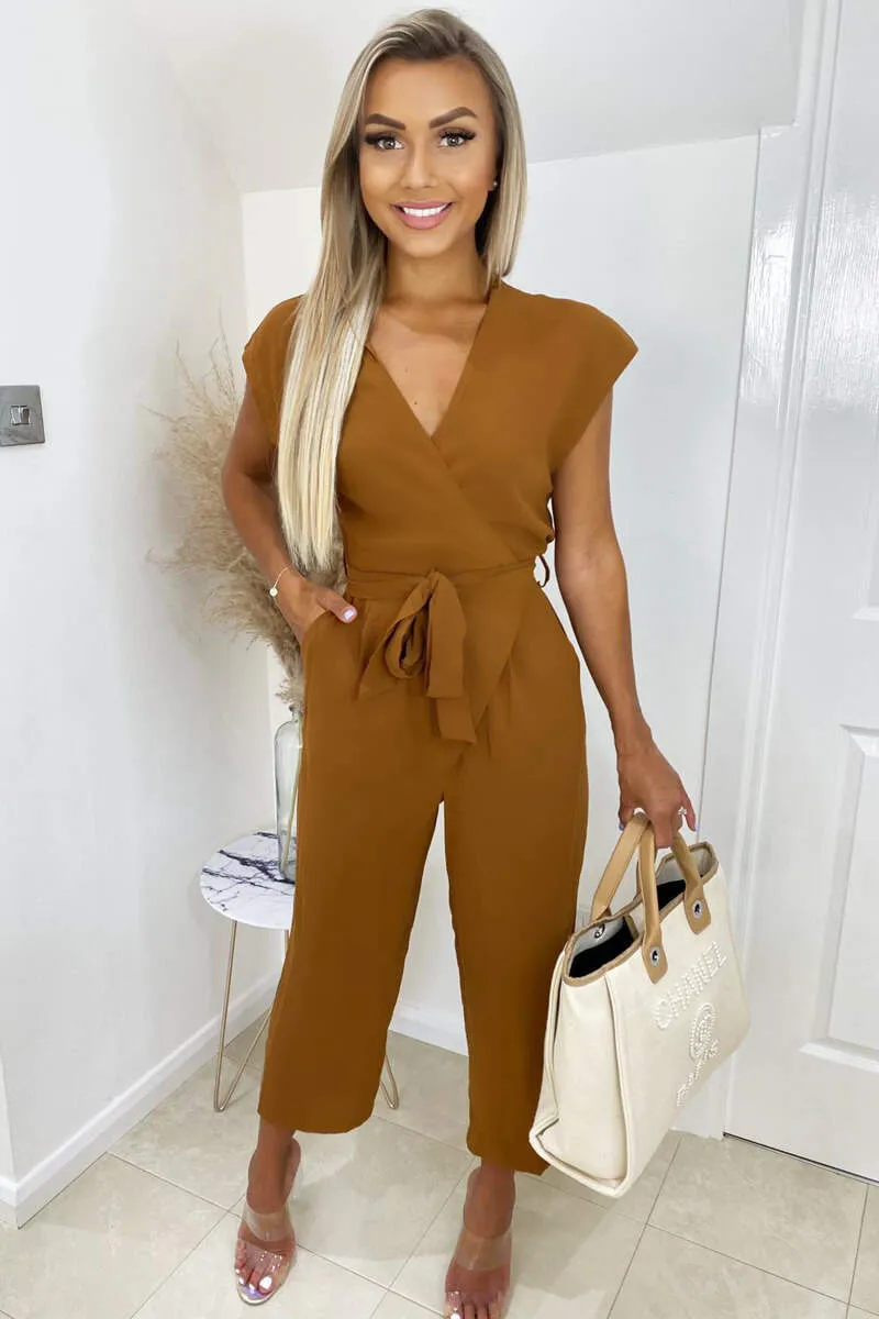 Camel Wrap Tie Waist Jumpsuit sold by AX Paris