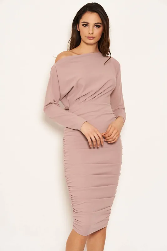 Mauve Off Shoulder Ruched Dress sold by AX Paris