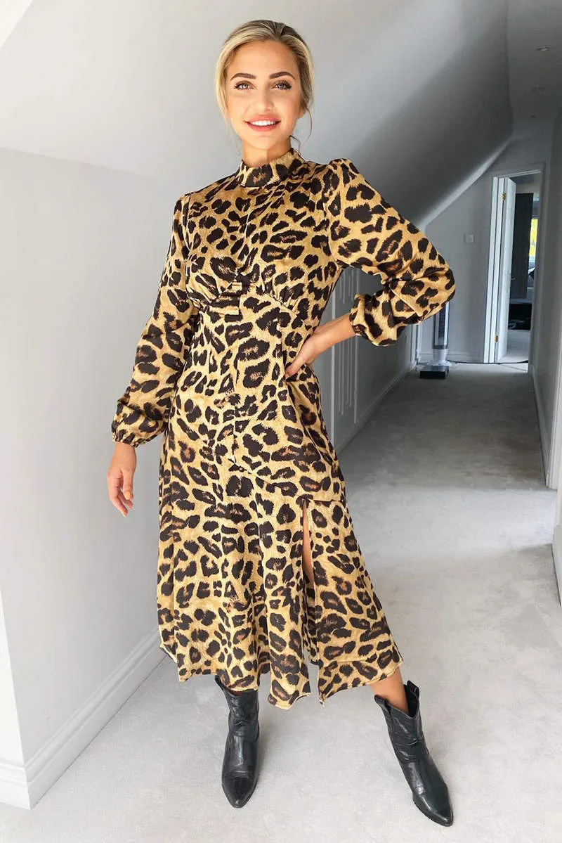 Camel Leopard Print Silky High Neck Dress sold by AX Paris product image thumbnail 3