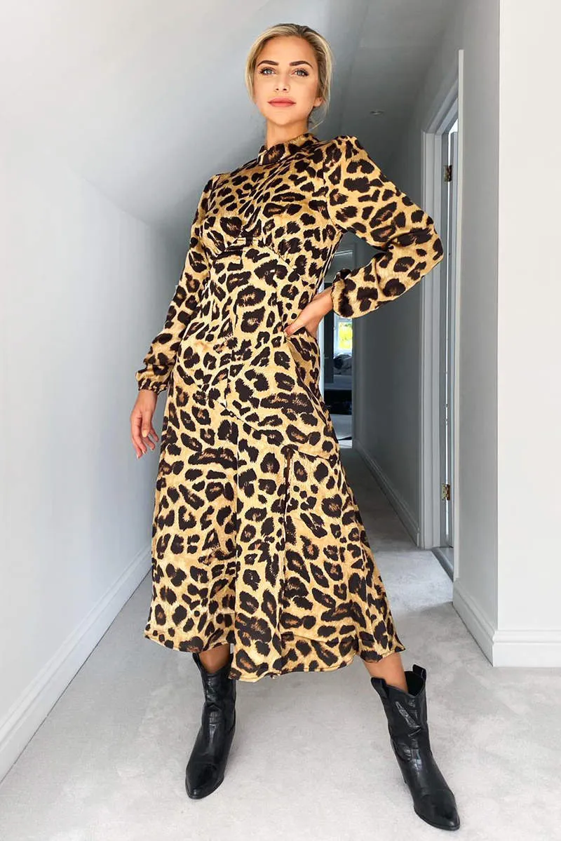 Camel Leopard Print Silky High Neck Dress sold by AX Paris product image thumbnail 4
