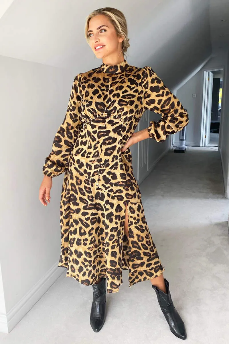 Camel Leopard Print Silky High Neck Dress sold by AX Paris