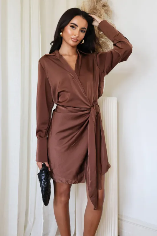 Chocolate Satin Wrap Long Sleeve Mini Dress sold by AX Paris