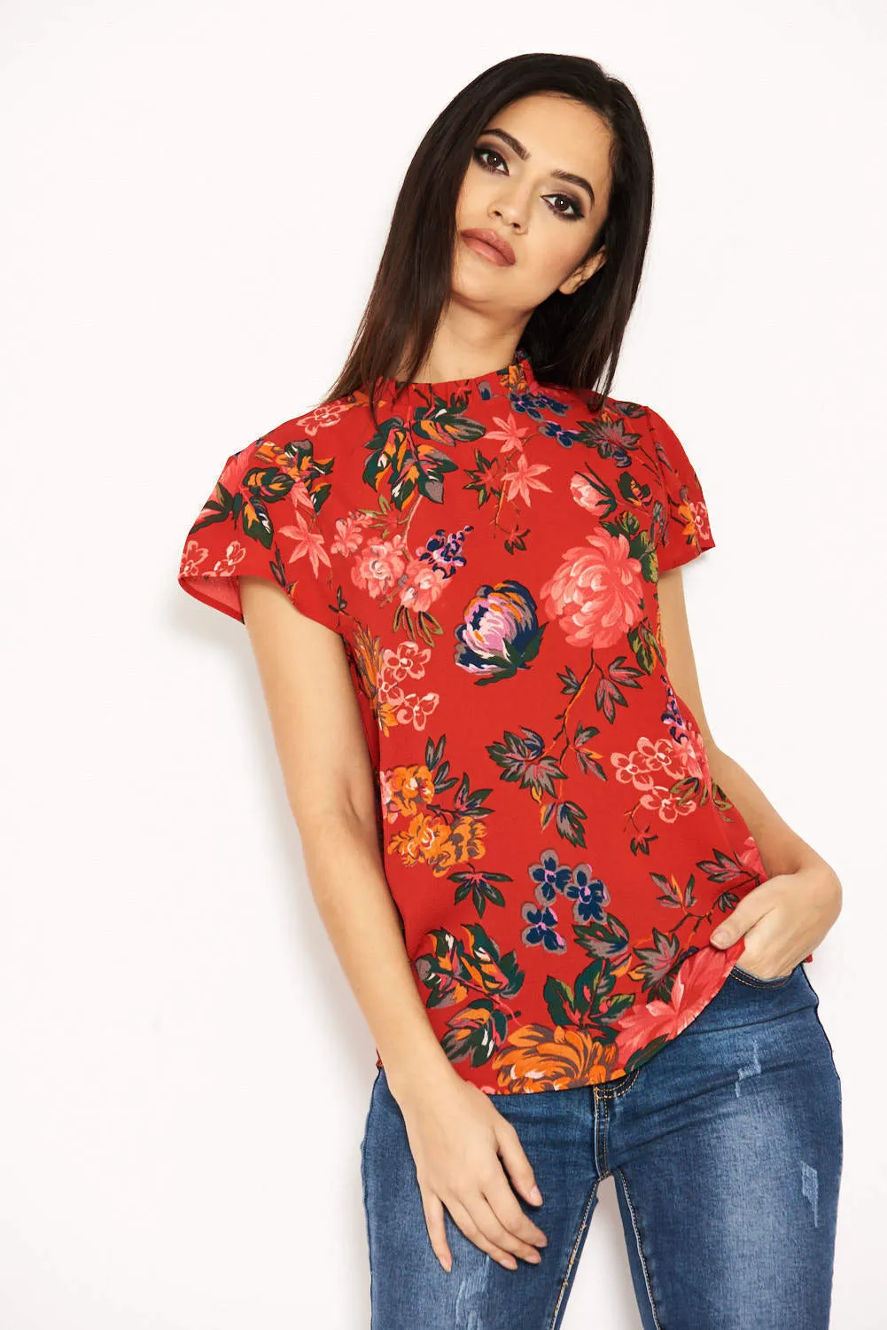Red Floral High Neck Frill Top sold by AX Paris product image thumbnail 4